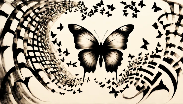 hyperdetailed sumi-e, entitled ("butterfly effect"), butterfly, (koan), matte, organic, understated, (meditative: 1.2), (harmoni...