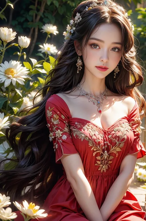 figure, Wearing a bright red dress，Complements her fair complexion, Stand elegantly in front of the blooming garden, bathed in the warm glow of the sun. The garden was full of colorful flowers, Including roses, tulips, and daisies, Create a picturesque bac...