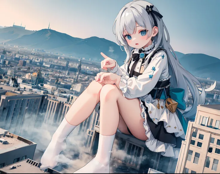 1girll,，Clouds， view over city， mountain ranges， Masterpiece, Best quality, Highly detailed,Masterpiece,Best quality,offcial art,Extremely detailed Cg Unity 8K wallpaper，{{{Giantess}}}，Giant，1girll，{Black stockings}，modern miniature city，A cold expression，...