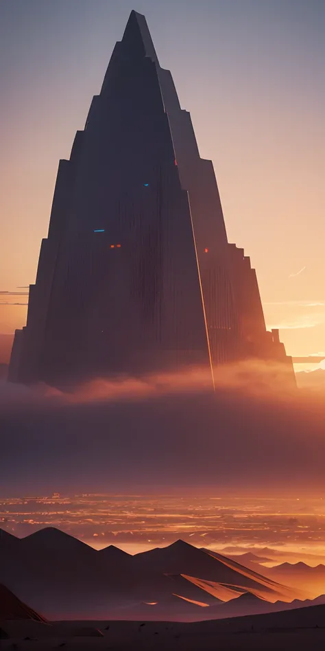 Mountain at sunset, a futuristic city in the desert as background, low clouds cover mountain, realistic+high intricate details, colorful clothing, full bodies, 16k.