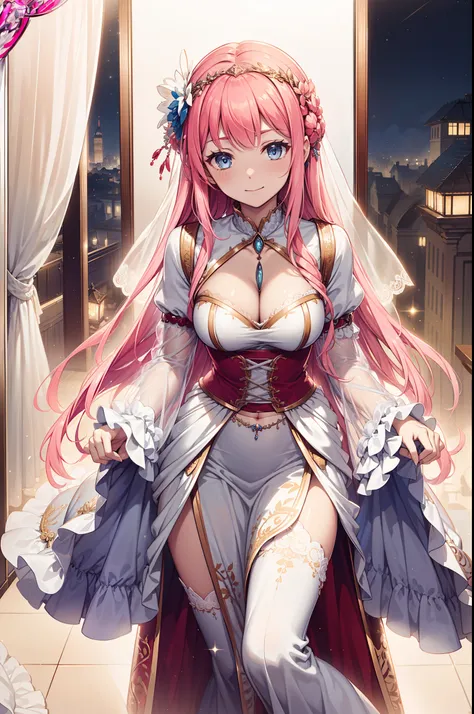 (Best quality, A high resolution, High quality, High details),teens girl，Enchanted，divino，Being in love，(Light Victorian dress，Pink hair，eBlue eyes，(Fabric headdress)，Maximalism，Multiple layers of delicate ruffles，Lots of lace，Multi-colored cloth，Delicate ...