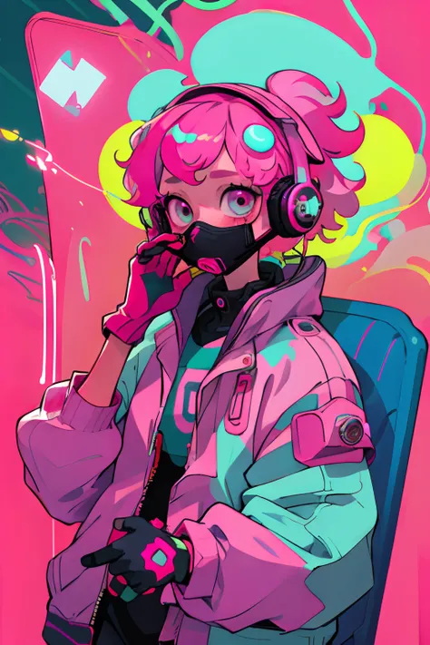 Kpop girl Inside a train, pink gloves, face mask, looking at her phone, cool colorful jacket, listening to her headphone, pink messy curly hair, neon glowing style, cool background, young