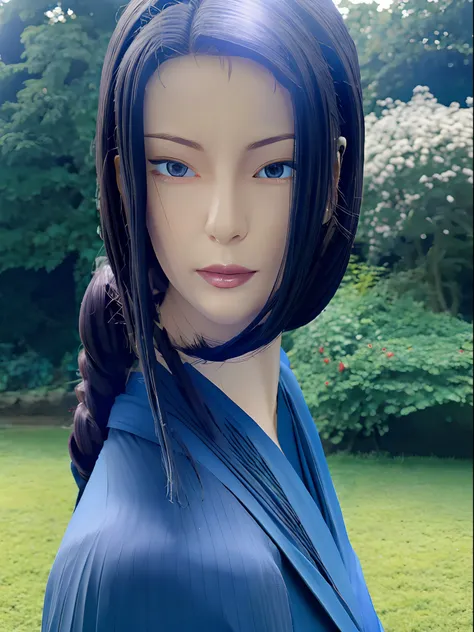 eBlue eyes，Mature figure，Feminine temperament。blacksilk，Royal sister，by lake，great outdoors，ln the forest，villages。Look。