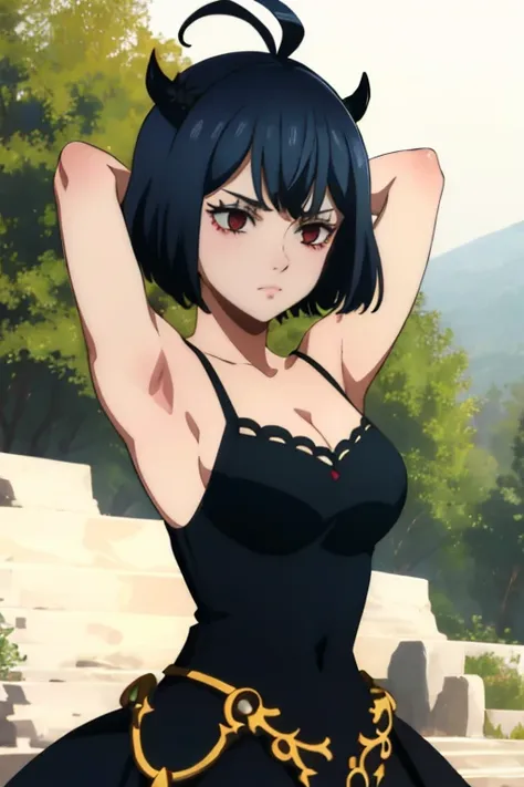 (masterpiece, best quality), intricate details, 1girl, solo, Nero, black hair, short hair, ahoge, red eyes, horns, outdoors, tank top dress, black dress, cleavage, expressionless, looking at viewer, contrapposto, spread armpit, arms behind head,