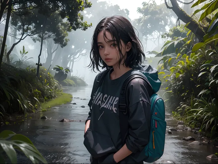 Menina de 18 anos com cabelos ondulados bem curtos cabelo no ombro, com franjas, de costas, All wet towards a house in the middle of a lush forest, Raining hard with lightning and with a rainbow backpack, imagem em preto e branco.