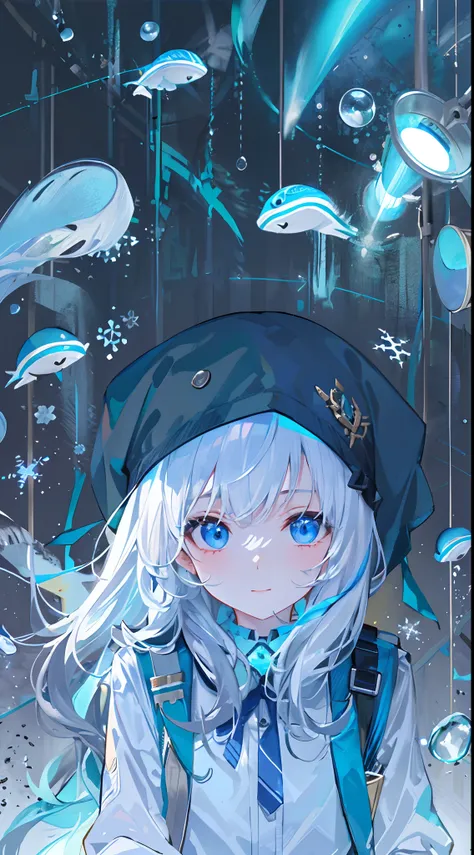 ((top-quality)), ((​masterpiece)), ((ultra-detailliert)), (Extremely delicate and beautiful), girl with, 独奏, cold attitude,((Black jacket)),She is very(relax)with  the(Settled down)Looks,A dark-haired, depth of fields,Evil smile,Bubble, under the water, Ai...