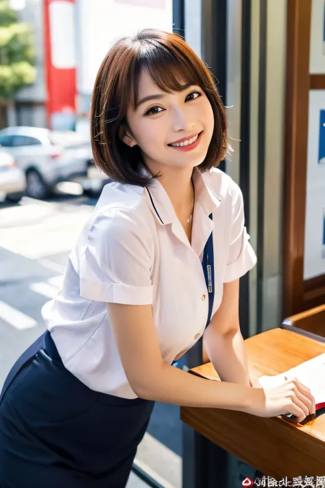 (high-level image quality、8K)、One Woman,Postal worker,Perched,tits out,Beautiful face,Seductive smile,Short hair,Post office receptionist,Postage stamps、nffsw,masutepiece, extremely fine and beautiful,Photorealistic,Japanese,、Japan Post Office Uniforms、gra...