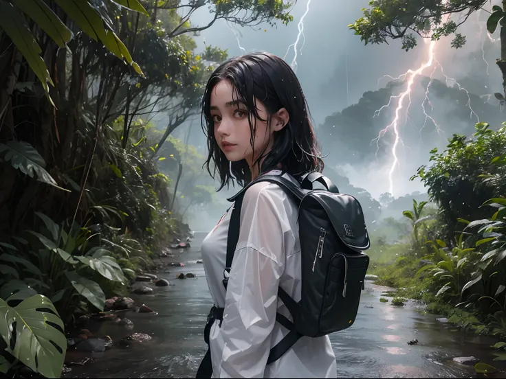 Menina de 18 anos com cabelos ondulados bem curtos cabelo no ombro, com franjas, de costas, All wet towards a house in the middle of a lush forest, Raining hard with lightning and with a rainbow backpack, imagem em preto e branco.