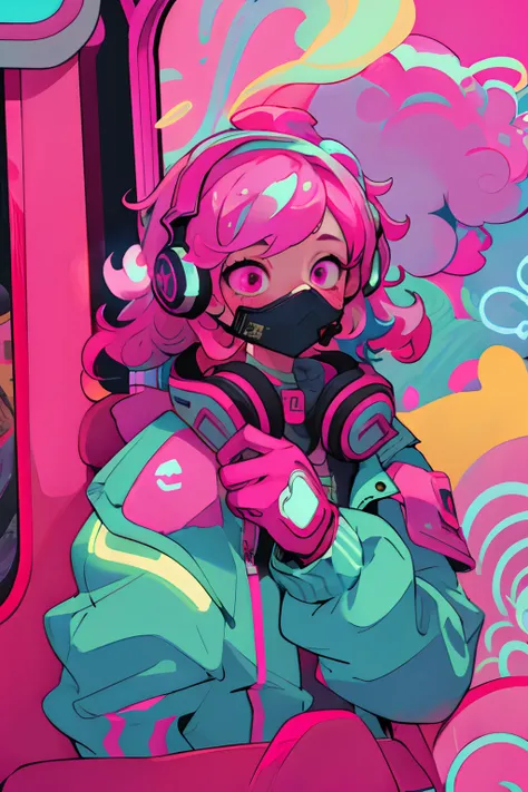 Kpop girl Inside a train, pink gloves, face mask, looking at her phone, cool colorful jacket, listening to her headphone, pink messy curly hair, neon glowing style, cool background, young