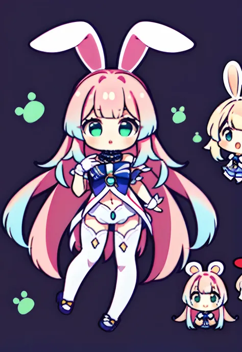 Bunny kids, full bodyesbian, white backgrounid, A pink-haired, Big rabbit ears, Pink rabbit tail, Green eyes, Very long hair, Hairline, reference sheet,