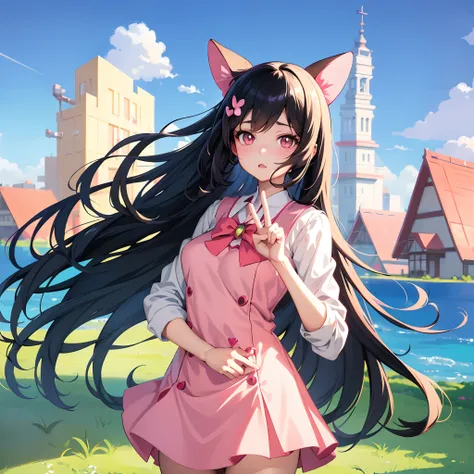 Anime girl with long black hair and pink bow make peace sign, anime visual of a cute girl, Cute anime girl, Artgerm and Atey Ghailan, Official artwork, up of young anime girl, Cute anime, offcial art, anime moe art style, High Quality Anime Art Style, tren...