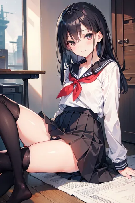 masutepiece、full-body view、beautiful  lighting、Detailed skin、detailed faces and eyes、Realistic eyes、Inside the classroom、beauitful face、blurry backround、a beauty girl、shinny skin、Beautiful black hair、(Katyusha:1.2)、a sailor suit、Black knee socks、Pleated mi...