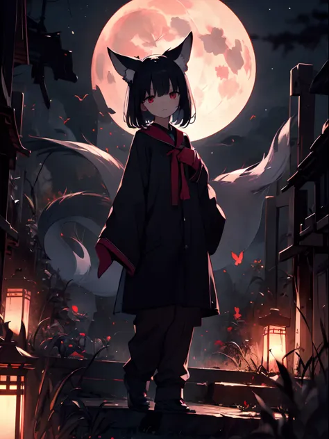 small kitsune girl with red eyes, (sleeves past fingers, hide fingers), eerie and menancing, under the moonlight, ghostdom