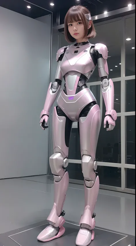 Robot Girl, pink there, Silver, Metallic body, Robot Parts, Metal Parts, Super Detailed Face, Super well-formed face, of the highest quality, a small face, a small head, Brown hair, Slender body, Camera gaze, Internal Mechanical Exposure, Idol, front facin...