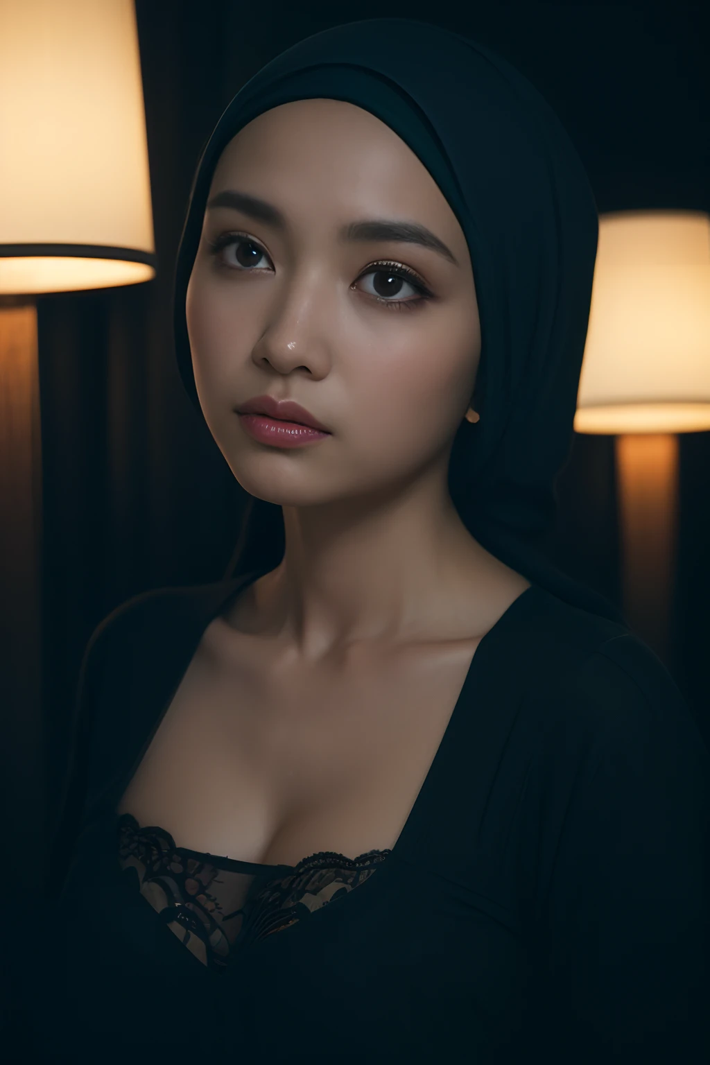 javanese, hijabi, cleavage, reflection light, chiaroscuro, depth of field, cinematic lighting, ray tracing, Sony FE GM, UHD, super detail, masterpiece, textured skin, high details, best quality, award winning，3D,hdr（HighDynamicRange）,Ray traching,NVIDIA RT...