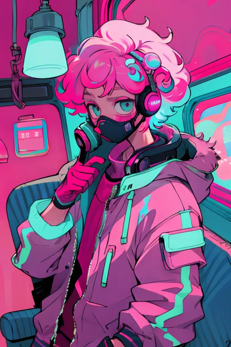 Kpop boy Inside a train, pink gloves, face mask, looking at her phone, cool colorful jacket, listening to her headphone, pink messy curly hair, neon glowing style, cool background, young