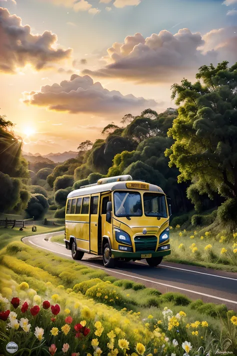 uma estrada com campos floridos em sua esquerda e direita, yellow bus in half, fanfic scenario, sunset time, atmosfera escura, a...