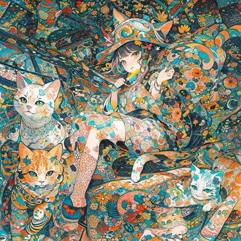 (flat-colors:1.3)、(colourfull:1.8)、(masuter piece:1.2)、top-quality、​masterpiece、Original、highly detailed wallpaper、looking at viewert、1 beautiful girl with a pattern、独奏、Multicolored cats float、(Fractal Art:1.4 ）、