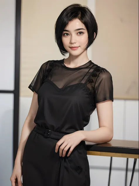 96
(a 20 yo woman,is standing), (A hyper-realistic), (high-level image quality), ((short-hair:1.46)), (Smooth black hair), (Gentle smile), (Keep your mouth shut)