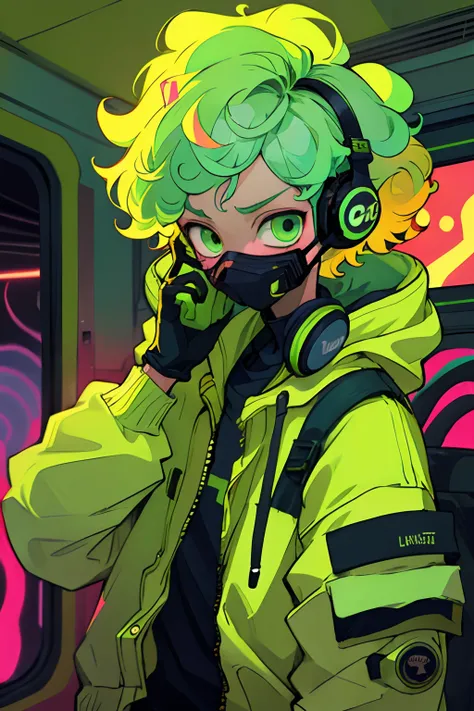 Kpop boy Inside a train, green gloves, face mask, looking at her phone, cool colorful jacket, listening to her headphone, lime green messy curly hair, neon glowing style, cool background, young