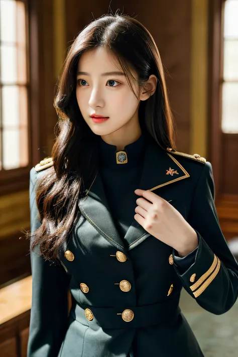 (Top resolution、distinct_image) best qualtiy、femele、​masterpiece、beutiful breast、realisticlying、a picture、Black long hair、A dark-haired、bangss、21 years old、mature、年轻、Black clothe、Black Uniform、military outfits、Military Academy、Beautiful fece、Heroic、Heroic、...