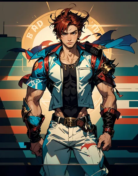 A teenage boy, short brown hair, spiked in the middle with a tuft of red hair, sharp gaze, a playful smile, a fantasy-style two-piece outfit, a dark-colored tight-fitting undershirt, a light-colored vest with wave patterns, a multifunctional belt, utility ...