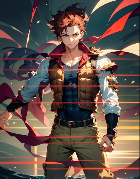 A teenage boy, short brown hair, spiked in the middle with a tuft of red hair, sharp gaze, a playful smile, a fantasy-style two-piece outfit, a dark-colored tight-fitting undershirt, a light-colored vest with wave patterns, a multifunctional belt, utility ...