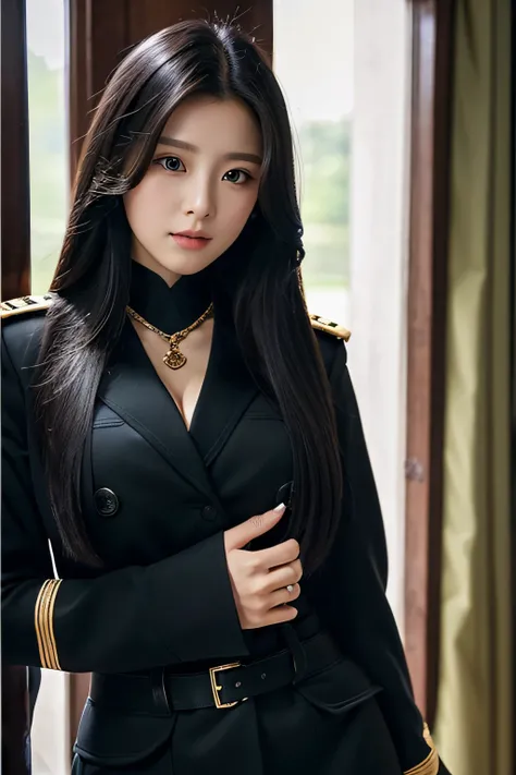 (Top resolution、distinct_image) best qualtiy、femele、beutiful breast、realisticlying、Photoquality、Black long hair、A dark-haired、bangss、17 age、Black military uniform、Military Academy、Black miniskirt、Background inside the house、Open chest of outerwear 1:8、Beau...