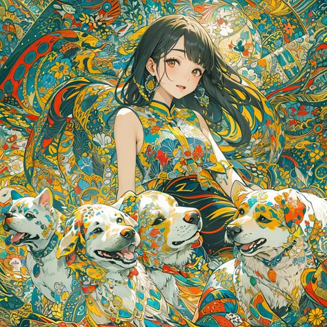 (flat-colors:1.3)、(colourfull:1.5)、(masuter piece:1.2)、top-quality、​masterpiece、Original、highly detailed wallpaper、looking at viewert、1 beautiful girl with a pattern、独奏、Multicolored dogs float、(Fractal Art:1.2 ）、