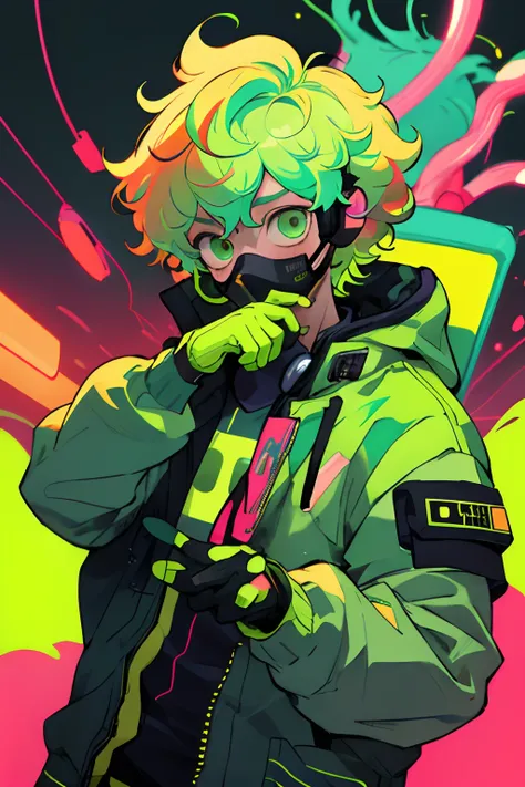 Kpop boy Inside a train, green gloves, face mask, looking at her phone, cool colorful jacket, listening to her headphone, lime green messy curly hair, neon glowing style, cool background, young