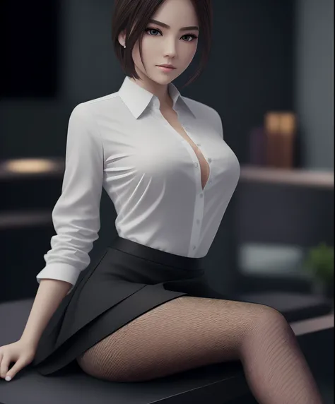 face is :9,1714884241], High-end elite secretary in a business shirt, Work in an office chair、Wearing a strict business suit, (Wearing pantyhose)、(Short Layer Hair)、crossed legs, Wear high-quality heels、 (thighhighs and skirt), Girl in a shirt, Wearing a b...