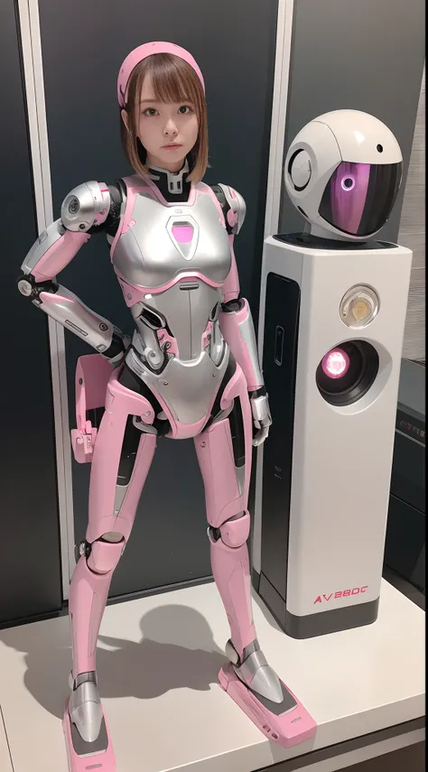 cyborg, pink there, Silver, Metallic body, Robot Parts, Metal Parts, Super Detailed Face, Super well-formed face, of the highest quality, a small face,, Small head whole body, Brown hair, slender body, Camera gaze, Internal Mechanical Exposure, Idol, Well-...