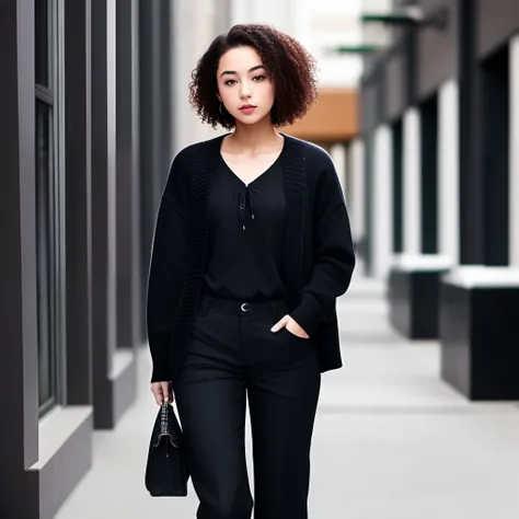 Young woman with short curly brown hair in an all black outfit which includes a cardigan, pants, a black lace up knit shirt, black laced boots