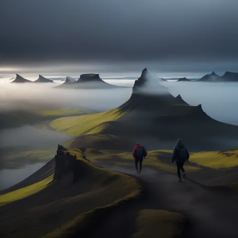 People walk on the hills，Cloudy sky in the background, walking above the clouds and fog, max rive, iceland, an amazing landscape image, unsplash contest winning photo, author：Alexander Giemsky, travel, author：Vladimir Vahícek, by Daren Bader, iceland photo...