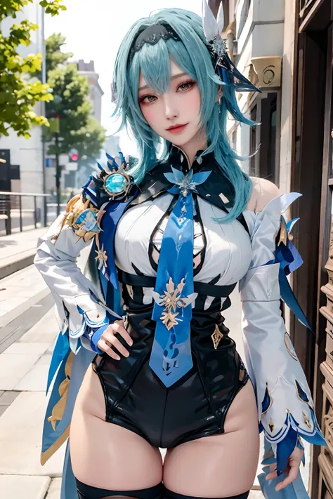 Beauty of a goddess, slim face, beautiful wan, 1girl, solo, (masterpiece:1.2), best quality, eula, genshin, high detailed, 8K resolution, looking at viewers, eula from genshin impact, outdoor, hairband, blue hair, necktie, cape, vision (genshin impact), le...