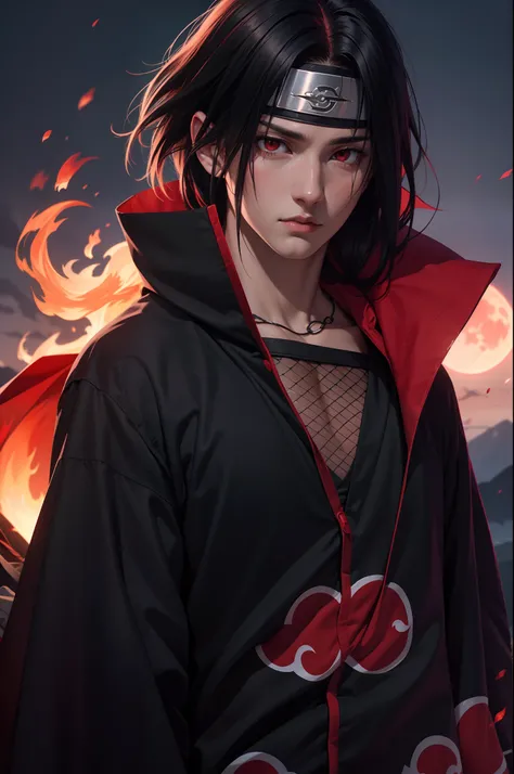 Masterpiece, high detailed, a young man covered in black cape with red cloud drawing or akatsuki robe from naruto, itachi uchiha, red eyes, upper body, shinobi, Konoha headband, red moon in the background, red theme, from naruto, long hair, covered in red ...