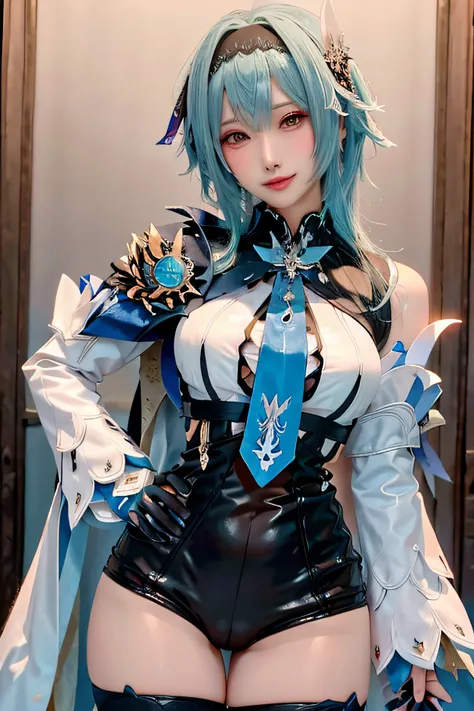 Beauty of a goddess, slim face, beautiful wan, 1girl, solo, (masterpiece:1.2), best quality, eula, genshin, high detailed, 8K resolution, looking at viewers, eula from genshin impact, outdoor, hairband, blue hair, necktie, cape, vision (genshin impact), le...