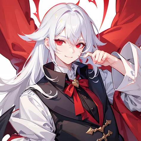 1boy, handsome, hot, cute, white background, white hair, vampire, horror, red eyes, medium white hair, vampire king,vampire prince, heart mark on cheek, mark on cheeks, winking, smiling, face focus, smile