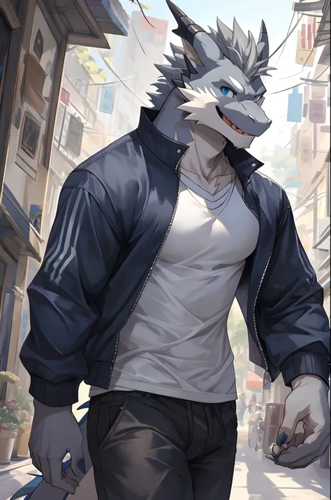 Masterpiece, Solo, Cool Pose, Furry Gray Dragon, Medium Muscular Body, Blue Eyes, Grey Medium Hair, Casual Clothes, Casual Set, Fierce, Joy Expression, Happy, Good looking