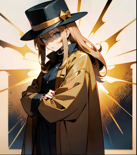 Comic style，Detective Hat，Golden shawl hair，Cute teenager，The face is gloomy，Blue pupil，brown overcoat