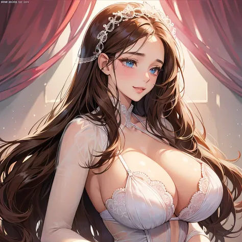 16K Ultra High Definition Super Detailed masterpiece Glossy and detailed hair Beautiful human woman with long brown hair、blue eyes, pink and white Mesh、Very long lashes、lofty nose、 ultra gigantic tits、Amazing beautiful breasts、sheer lingerie Glossy skin Re...