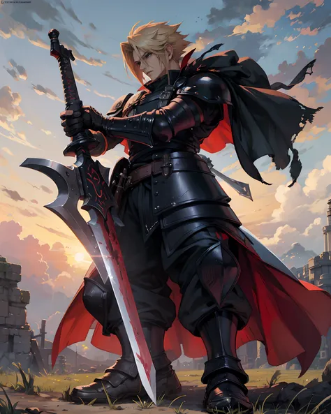 a man in armor holding a sword cloud strife final fantasy vii, in a field, blood knight, handsome male god of death, with great sword,, ares with heavy armor and sword, dark fantasy style art detailed anime art