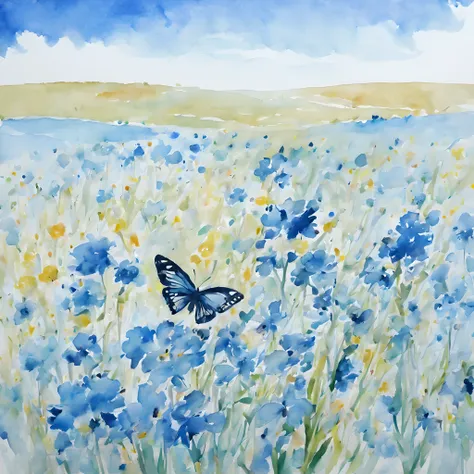 (butterfly:1.5),(butterfly theme:1.5), (ink and watercolor painting:1.5), (Tasteful:1.5), (ink and watercolor painting:1.5), (full color:1.5), 8k, 4k, (landscapes:1.5),(spring:1.5),(blue flower field:1.5), (blue theme:1.5), (blue btterfly:1.5), (blue sky:1...