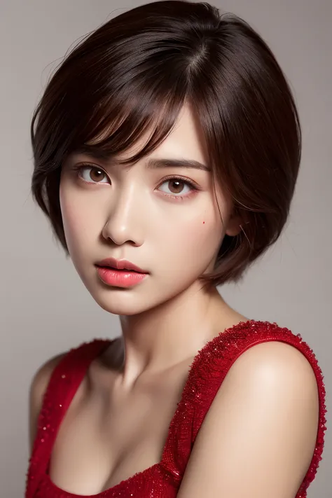 a photography of a beautiful woman, short-haired, brown skinned, big eye, extra detailed face, Beautiful skin, wearing red dress, A hyper-realistic, 8K