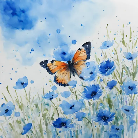 (butterfly:1.5),(butterfly theme:1.5), (ink and watercolor painting:1.5), (Tasteful:1.5), (ink and watercolor painting:1.5), (full color:1.5), 8k, 4k, (landscapes:1.5),(spring:1.5),(blue flower field:1.5), (blue theme:1.5), (blue btterfly:1.5), (blue sky:1...