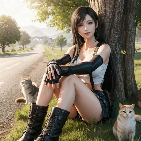 Tifa Lockhart, usando regata branca, Wearing black mini skirt with suspenders, usando bota preta, sorrindo