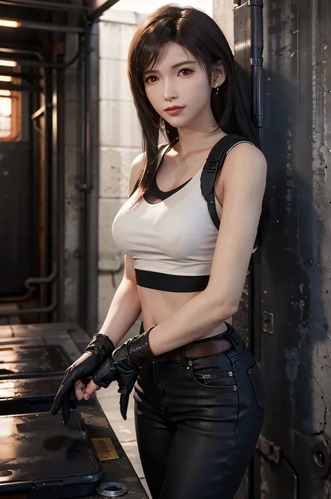 (​masterpiece), (Top image quality), 8K分辨率, ultra-detailliert, ultra-detailliert, Realism, (1girl in), tifa, Final Fantasy, tifa lockhart, rays of sunshine, cinematic, Cool Pose, Concrete walls,metal pipes,The description of Red Eye App,Detailed double eye...