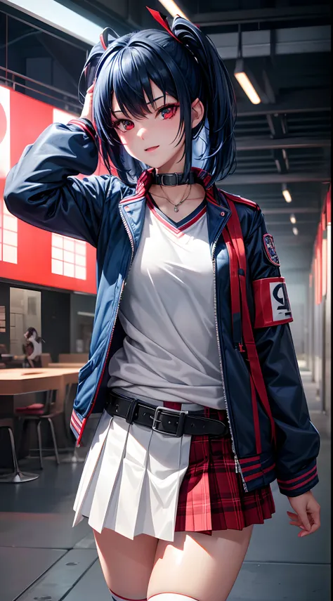 Teenage Jock Female, Dark Blue Hair, Red Eye, White High School Outfit, Dark Blue Vasity Jacket, Japan High School Theme, Happy Emotion mood, Energize, Cute, Portait, 3D, Anime, HDR, HD, Background, RTX, 2K, Masterpiece.