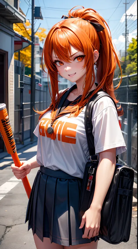 Teenage Bully Female, Dark Orange Hair, Orange Eye, Ruined Dirty White High School Outfit, Holding Metal Bat, Japan High School Theme, Happy Emotion mood, Energize, Cute, Portait, 3D, Anime, HDR, HD, Background, RTX, 2K, Masterpiece.