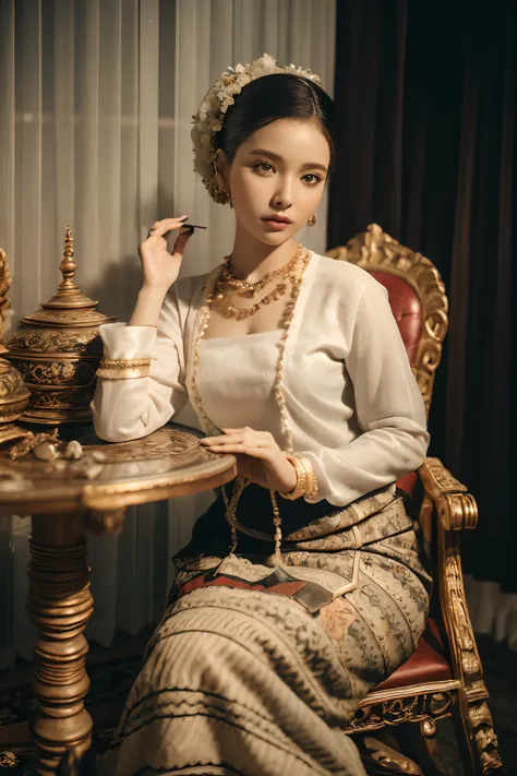 MMTD Burmese patterned traditional dress lady full body details, nice face, fair skin, traditional royal white dress, wearing Parel necklaces, traditional hair style, long scarf on shoulder, sitting on traditional style golden chair look like throne, tradi...